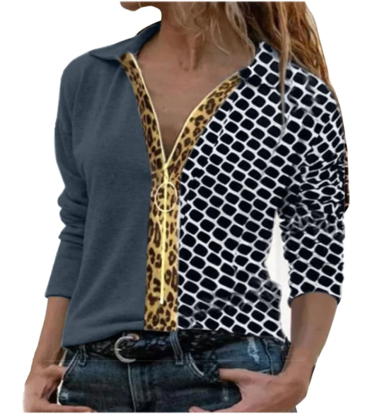 New Lapel Printed Leopard Print Stitching Long Sleeved Zipper Shirt Women