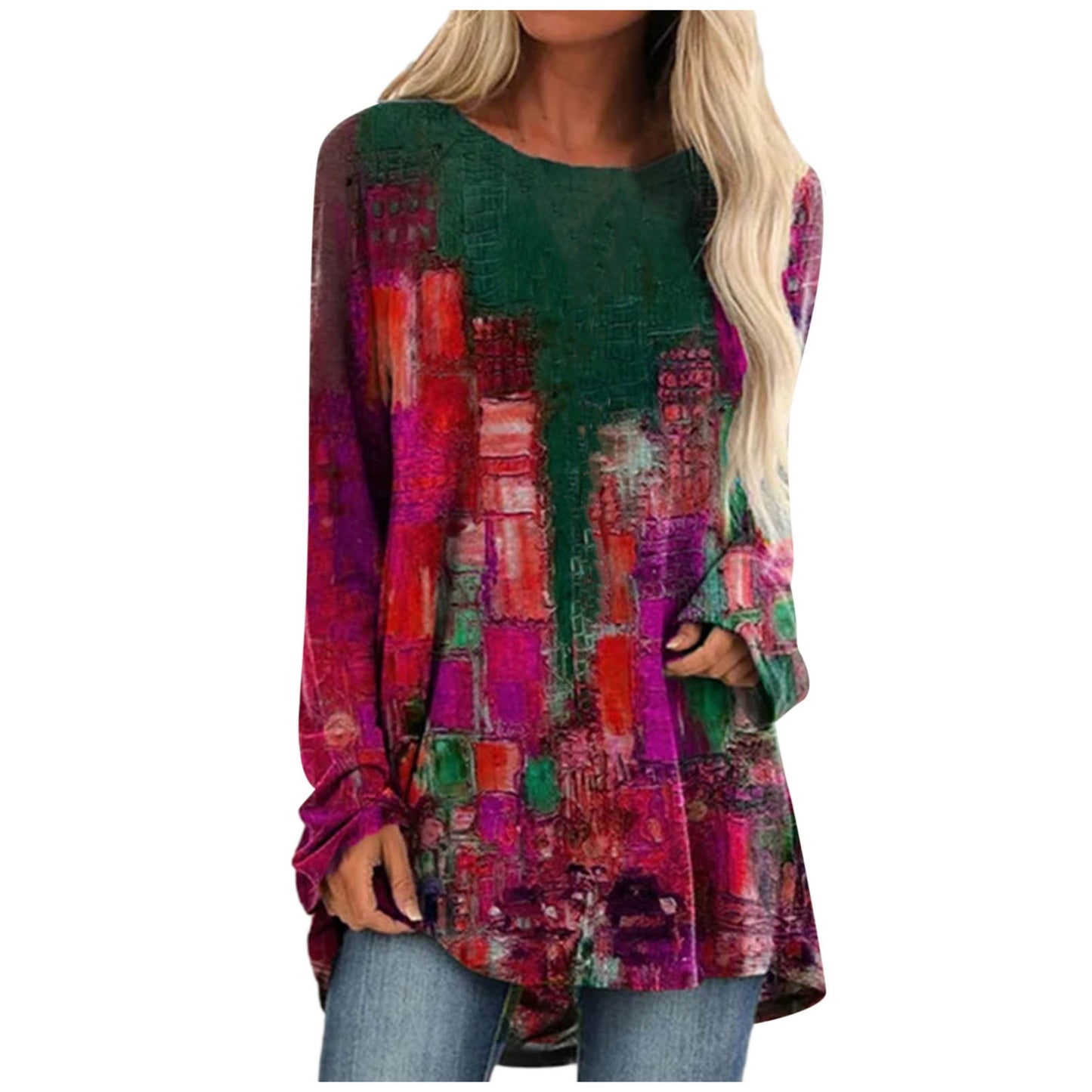 Ladies Retro Long-sleeved Color Block Print Top