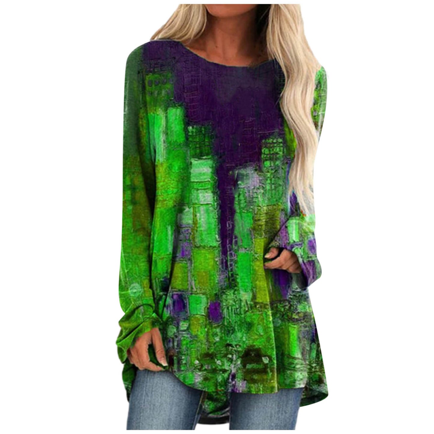 Ladies Retro Long-sleeved Color Block Print Top