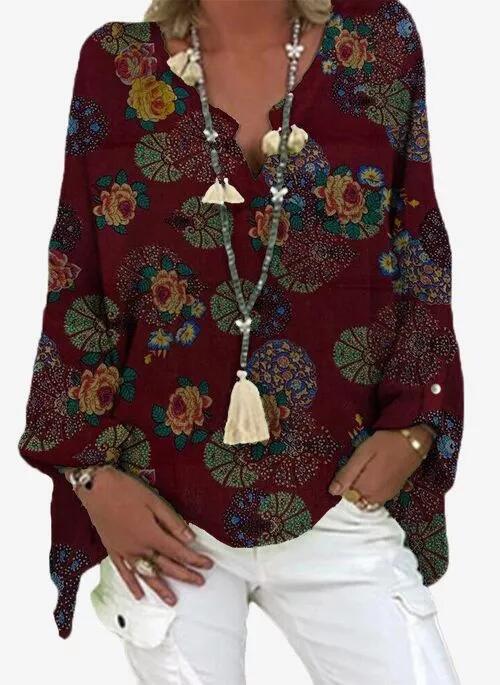 European And American New Style Printed V-Neck Shirt Shirt Women