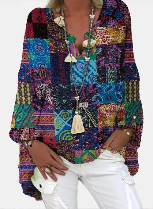 European And American New Style Printed V-Neck Shirt Shirt Women