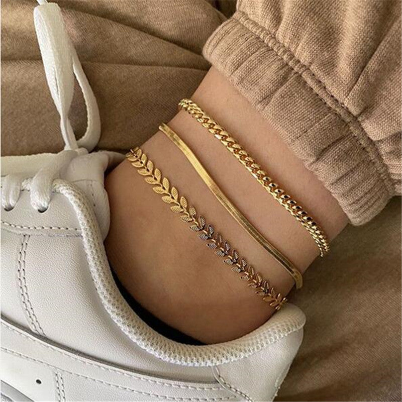 Minimalist Metal Texture Chain Leaf  3 Set Anklet