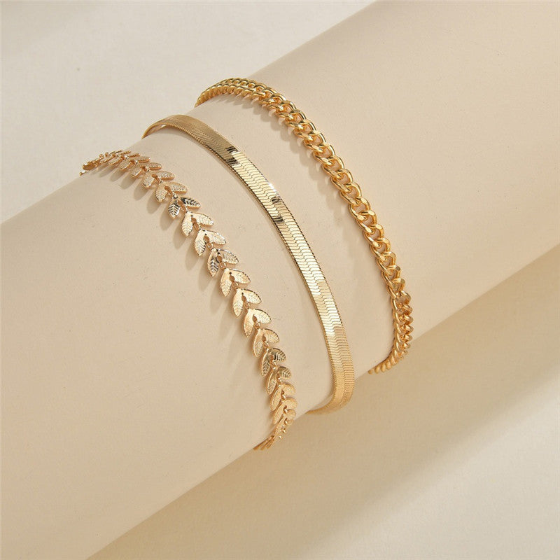 Minimalist Metal Texture Chain Leaf  3 Set Anklet