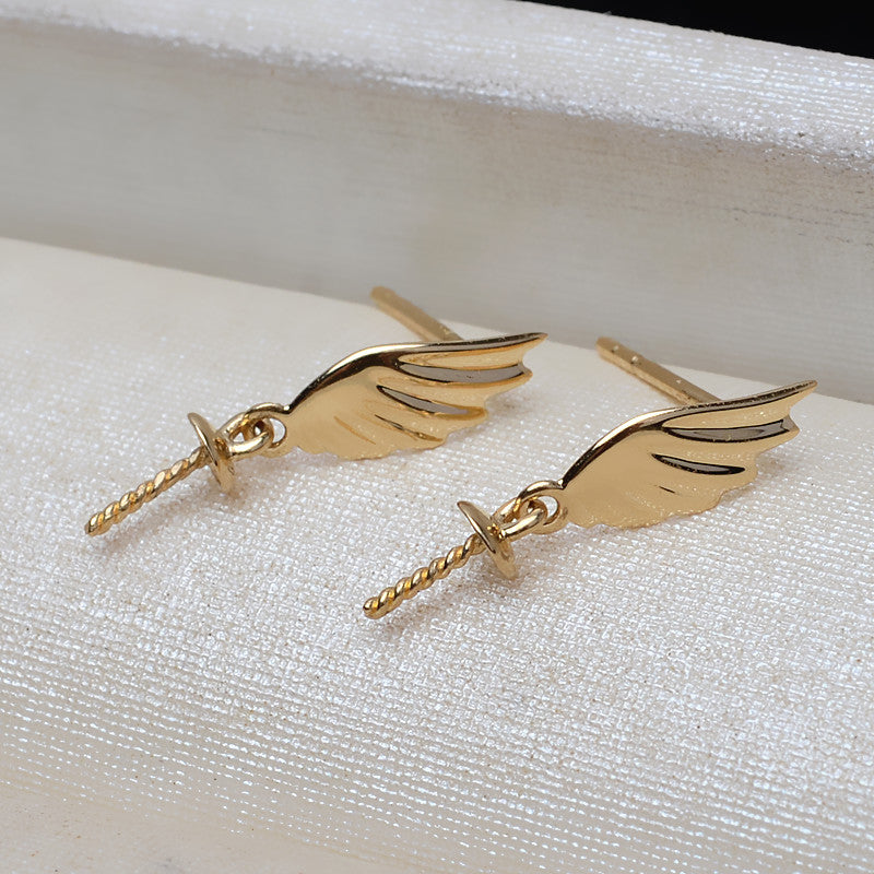 Gold Angel Wings Earrings AU750 Wing Earrings Female 7-10mm Pearl Hollow 3166