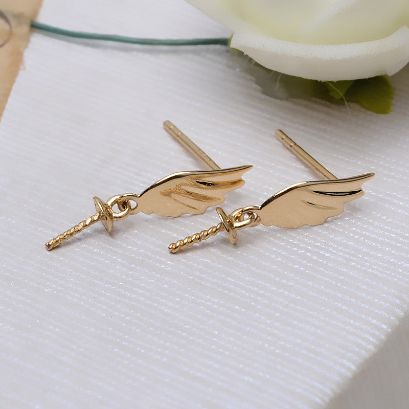 Gold Angel Wings Earrings AU750 Wing Earrings Female 7-10mm Pearl Hollow 3166