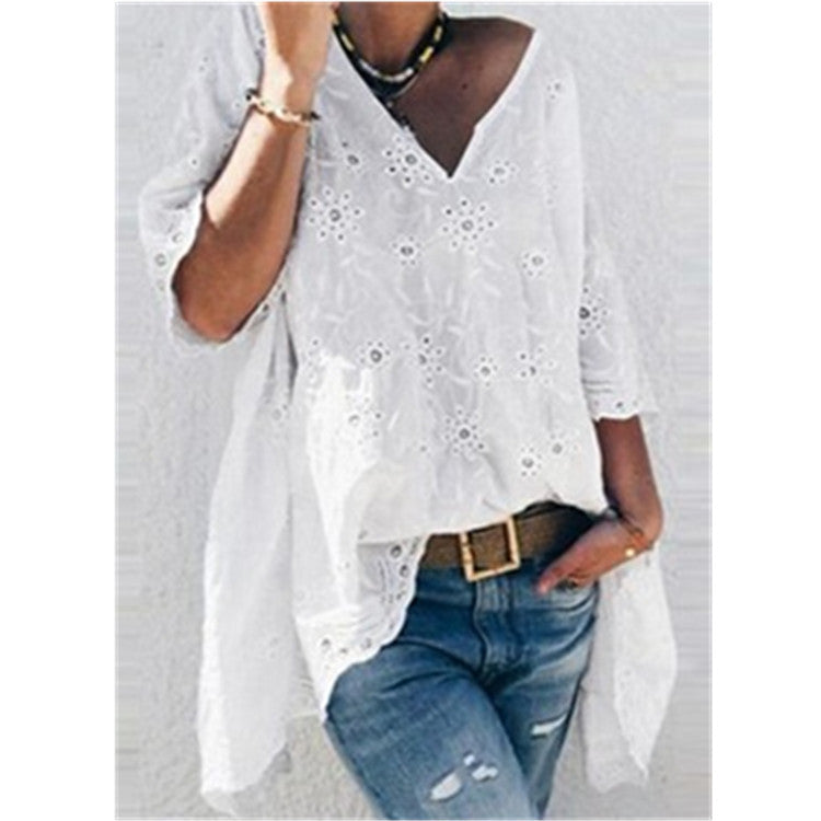 Spring And Autumn New Lace Mid-Long Sleeve V-Neck Lace Shirt