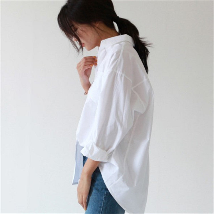 Korean Women's Cardigan Mid-Length Loose And Thin Women's Bottoming White Shirt