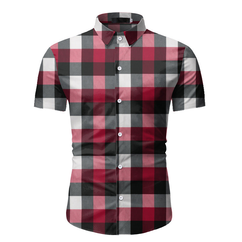 Men's Casual Short Sleeved Plaid Shirt Beach Shirt