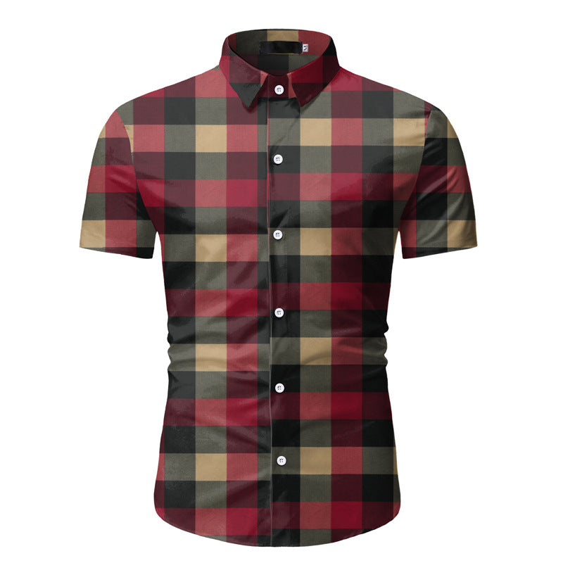 Men's Casual Short Sleeved Plaid Shirt Beach Shirt