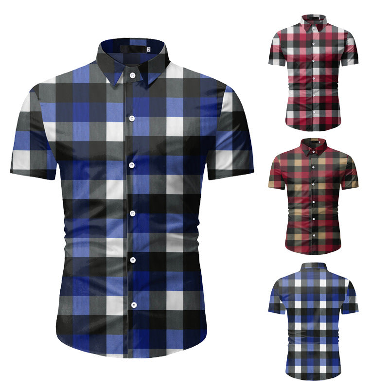 Men's Casual Short Sleeved Plaid Shirt Beach Shirt