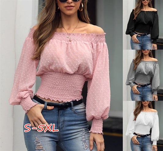 Sexy One-Shoulder Ruffled Waist Chiffon Shirt T-Shirt