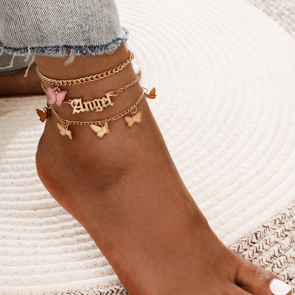 European And American Simple Flower Butterfly Tassel Anklet