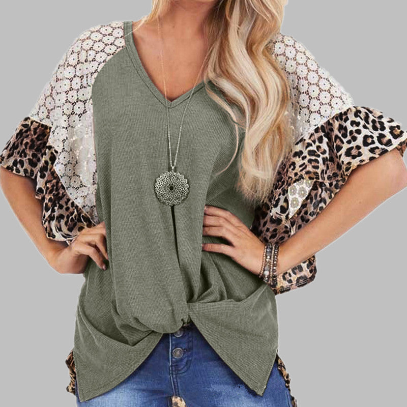 Leopard Patchwork T-shirt Women Loose V-neck Tops Tee Batwing Sleeve Top Women Summer Short Sleeve