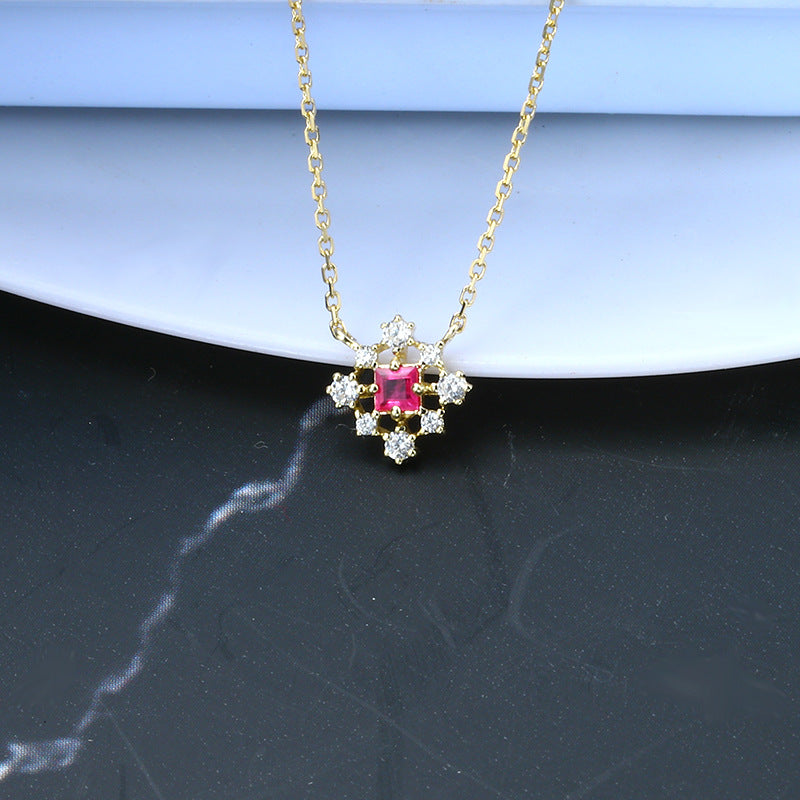 Simple Geometric Princess Square Ruby Earrings Popular Hollow Necklace Set