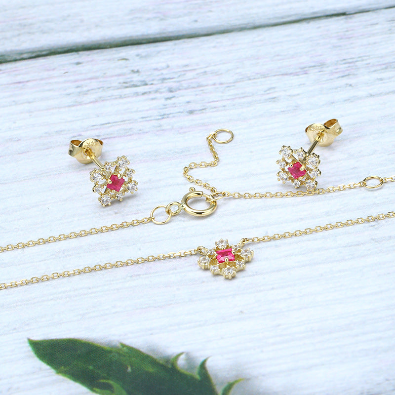 Simple Geometric Princess Square Ruby Earrings Popular Hollow Necklace Set