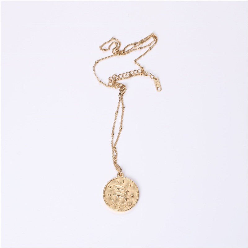Twelve 12 Constellation Coin Necklace Female Double-sided Gold Coin Pendant Trendy Net Red Student Clavicle Chain Necklace Titanium Steel
