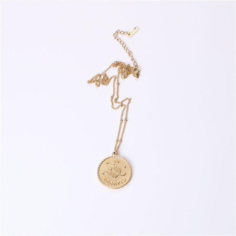 Twelve 12 Constellation Coin Necklace Female Double-sided Gold Coin Pendant Trendy Net Red Student Clavicle Chain Necklace Titanium Steel