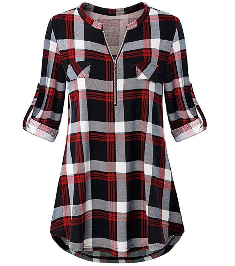 Check Print Zipper One-Neck Short-Sleeved Shirt