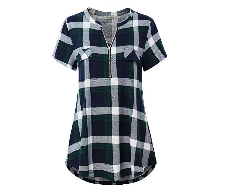 Check Print Zipper One-Neck Short-Sleeved Shirt