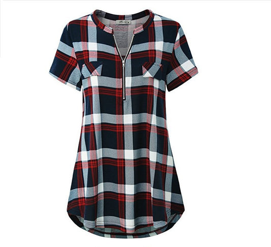 Check Print Zipper One-Neck Short-Sleeved Shirt