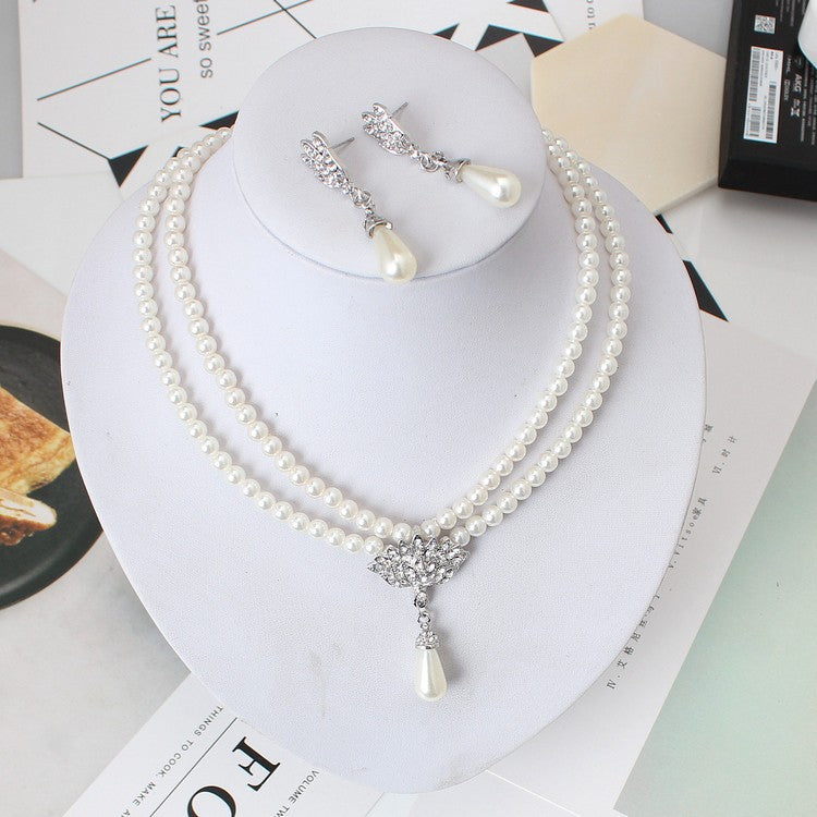European And American Jewelry Bride Pearl Crystal With Short Collarbone Neck Necklace Set Earrings Korean Version Temperament