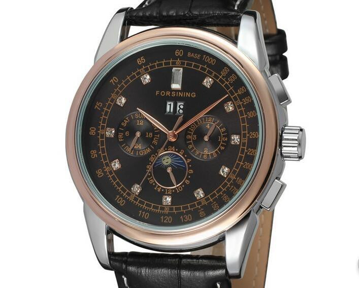 Forsining Moon Phase Shanghai Movement Rose Gold Case Brown Leather Strap Men Watch Top Brand Luxury Automatic Self Wind Watch