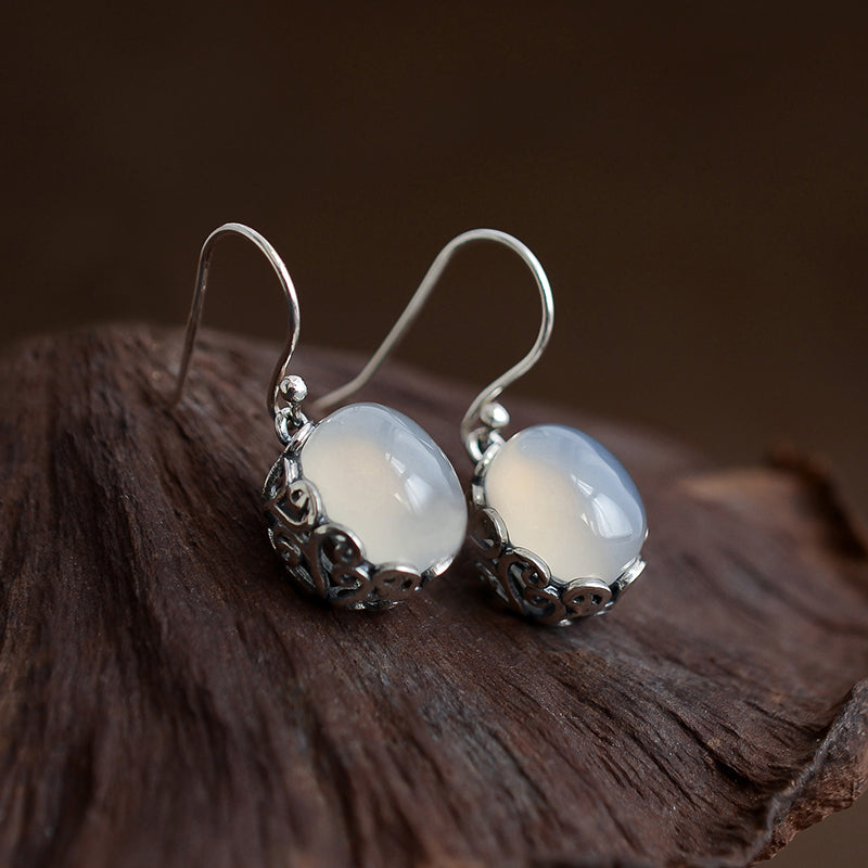 Natural Ice Chalcedony Earrings Hollow Pattern Retro Earrings