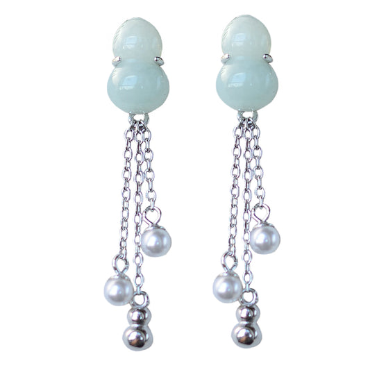 S925 Sterling Silver Natural Jade Gourd Fulu Tassel Temperament All-match Lady Long Earrings