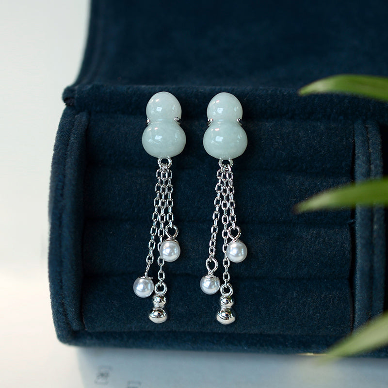 S925 Sterling Silver Natural Jade Gourd Fulu Tassel Temperament All-match Lady Long Earrings