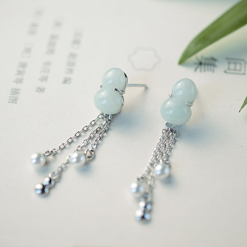 S925 Sterling Silver Natural Jade Gourd Fulu Tassel Temperament All-match Lady Long Earrings