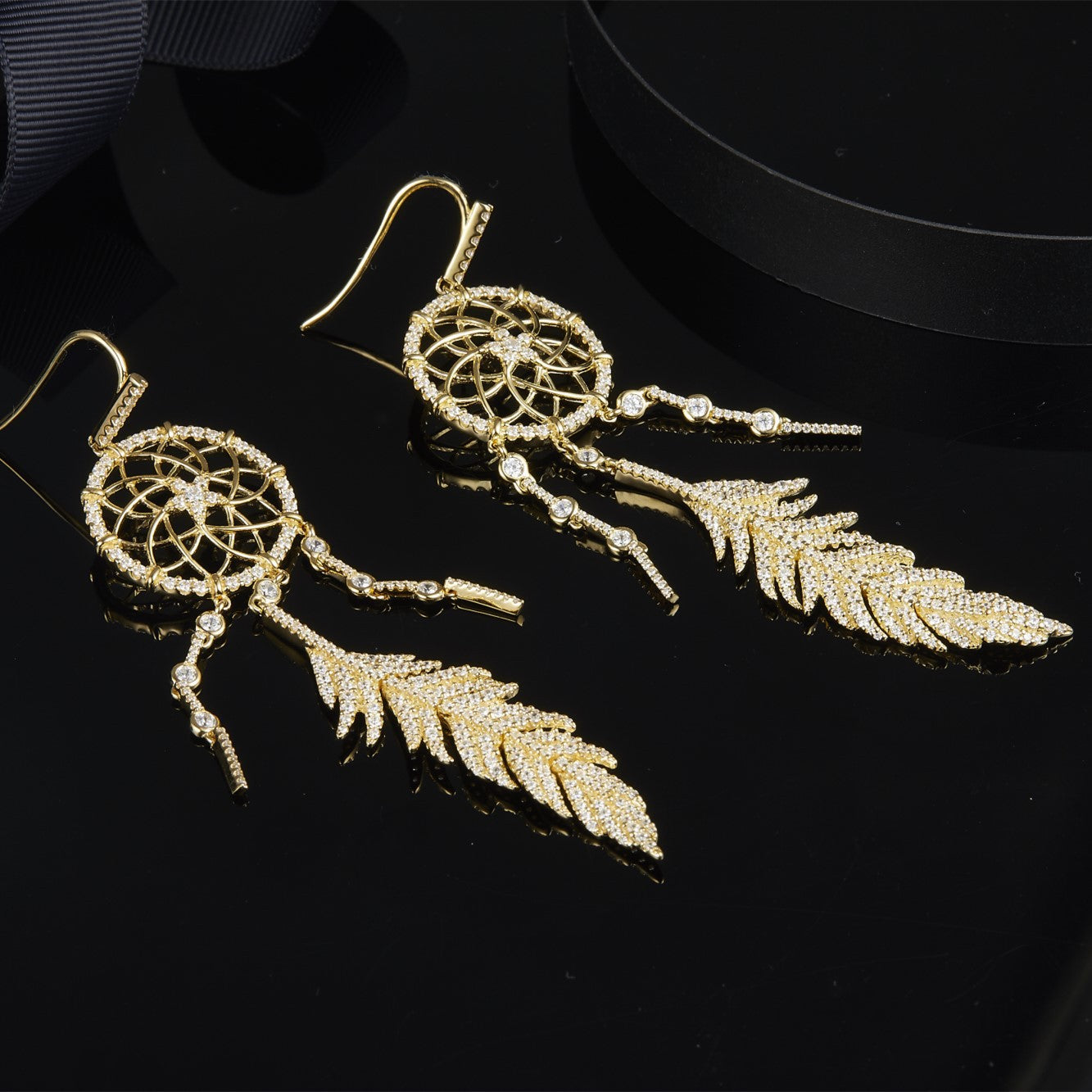 Sterling Silver Micro-Set Crystal Diamond A Meilong Version Exquisite Dream Catcher Earrings