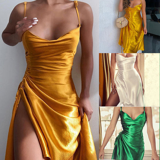 European And American Fashion Satin Slit Sling Solid Color Slim-Fit Breast-Display Dress Women