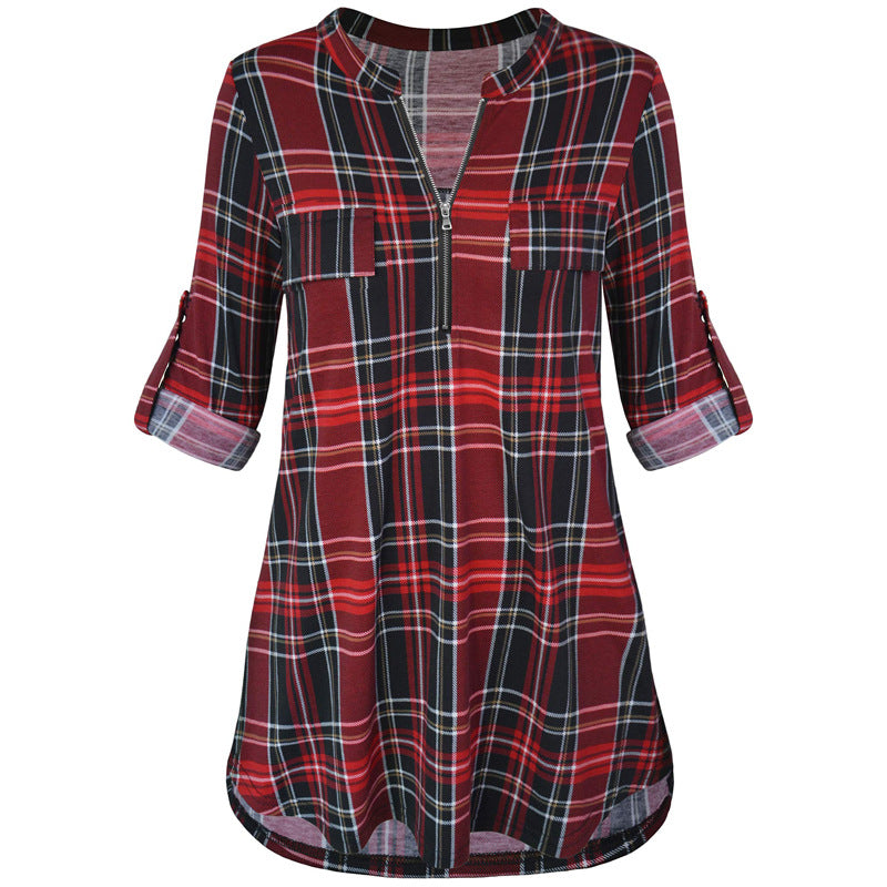 Check Print Zipper One-Neck Short-Sleeved Shirt