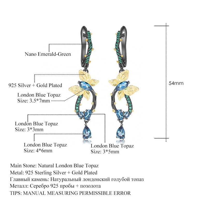 Natural London Blue Topa Earrings 925 Silver Handmade Butterfly Fashion Long Earrings