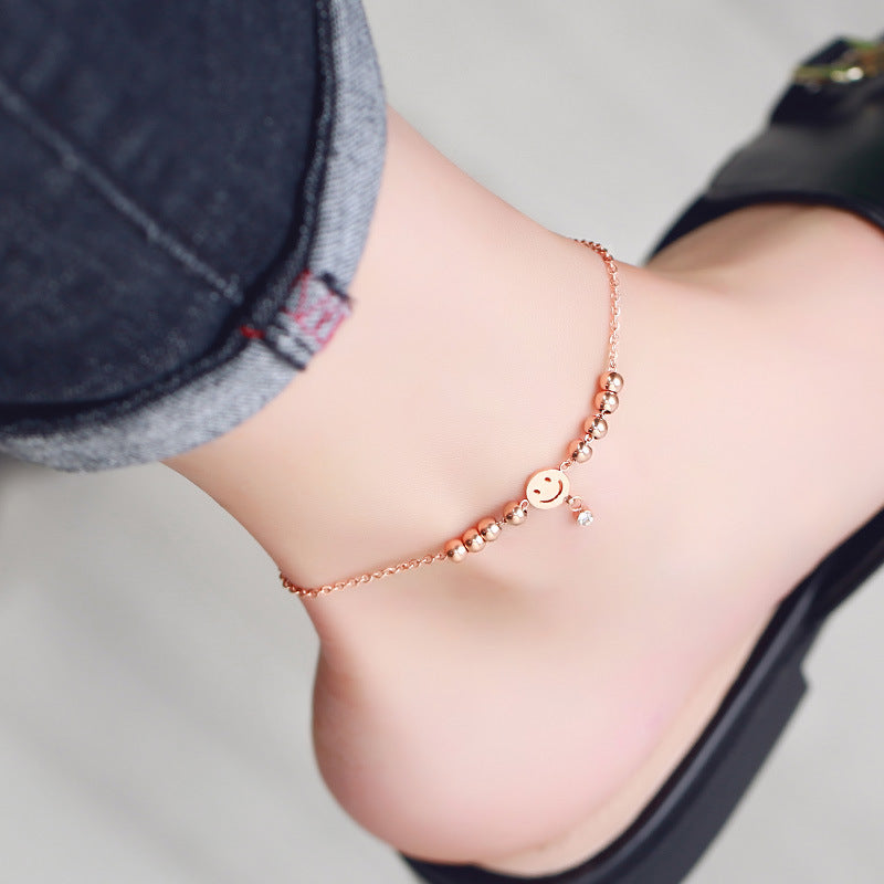 Korean Version Of The Smile Anklet Female Fresh Summer Ankle Jewelry Girlfriends Gift Fashion Smiley Beaded Zircon Anklet