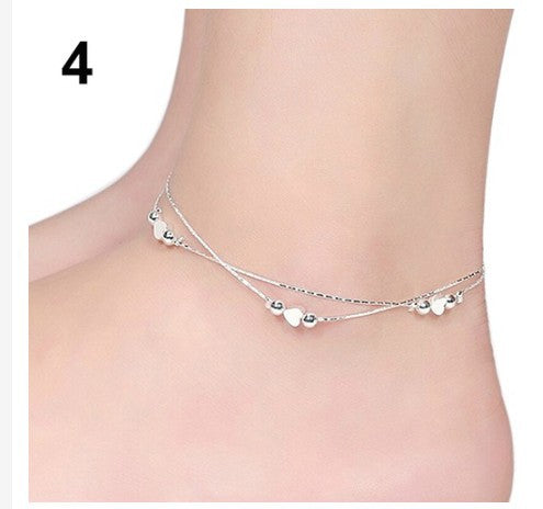 Silver Anklet Peach Heart Anklet Bell Pentagram Square Round Bead Butterfly Anklet