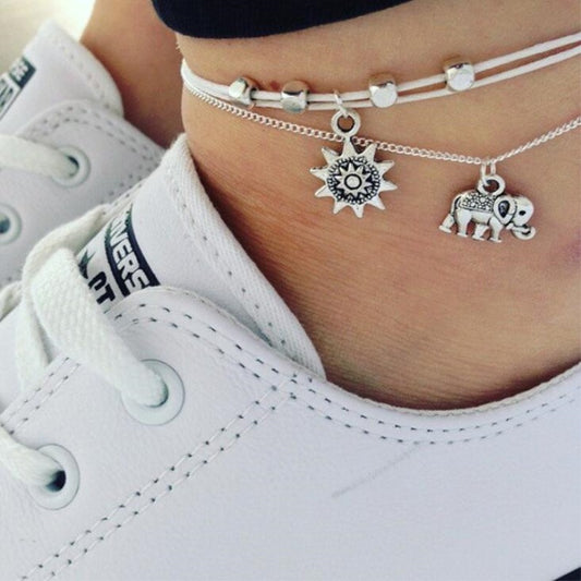 Hot-Selling Popular Foot Jewelry In Europe And America, Sun Elephant Multilayer Retro Fashion Lady Anklet, Alloy Anklet Wholesale