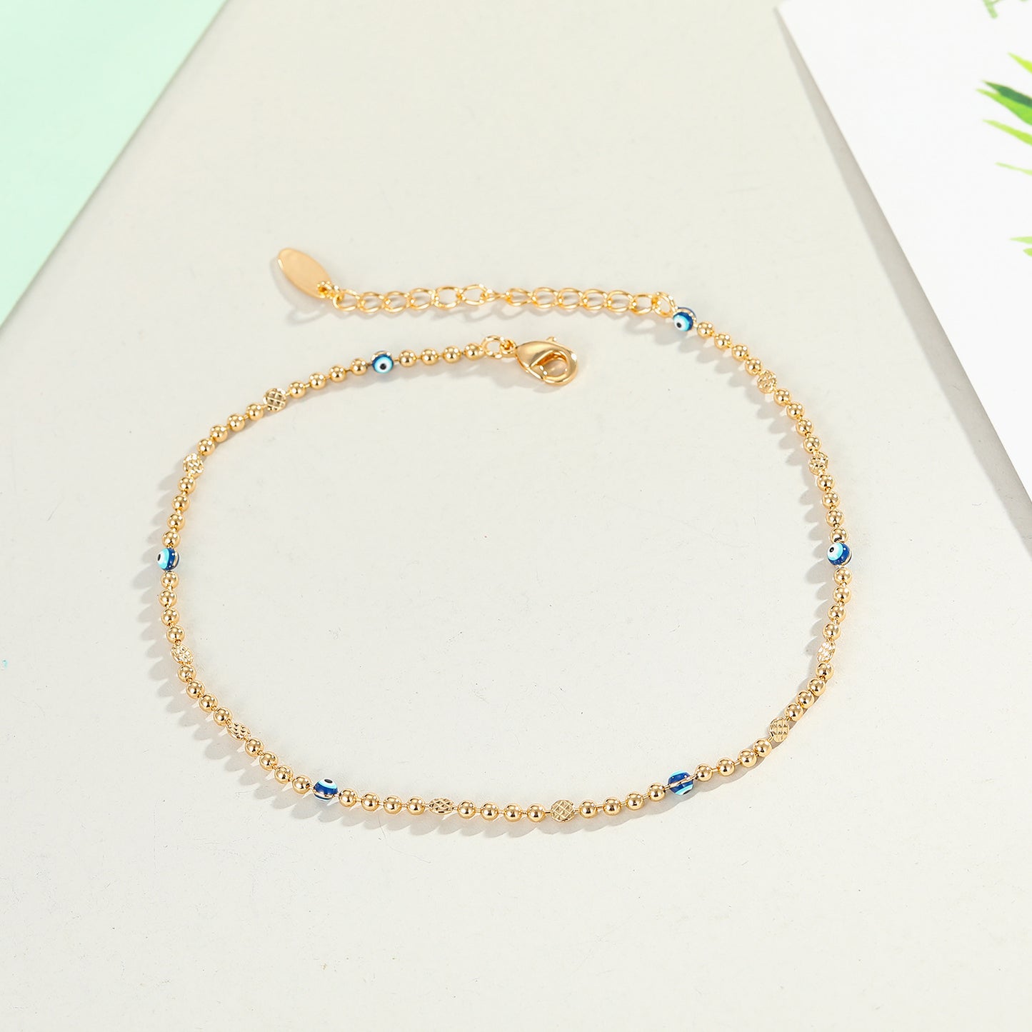 Real Gold-Plated Water Drop Tassel Anklet Dripping Oil Turkish Blue Eye Anklet Summer Beach Footwear