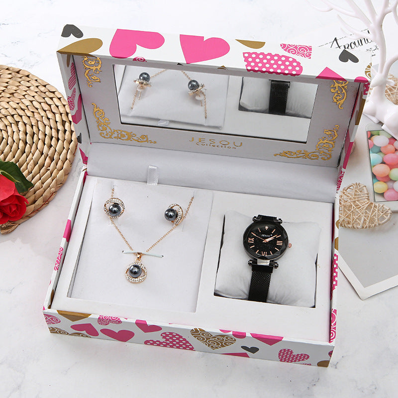 Three-piece Quartz Watch Necklace Stud Earrings Birthday Gift