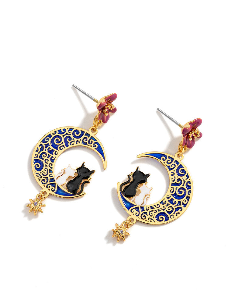 New Trendy Cute Cat Earrings Female Long Starry Sky Moon Temperament Earrings Fairy White Earrings