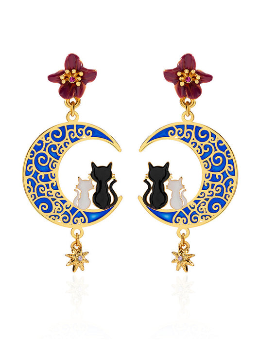 New Trendy Cute Cat Earrings Female Long Starry Sky Moon Temperament Earrings Fairy White Earrings