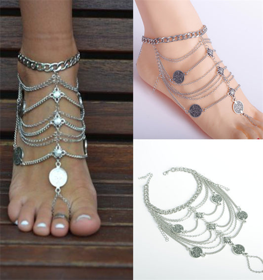 Punk Retro Beach Metal Coin Foot Ornaments Multilayer Tassel Chain Anklet