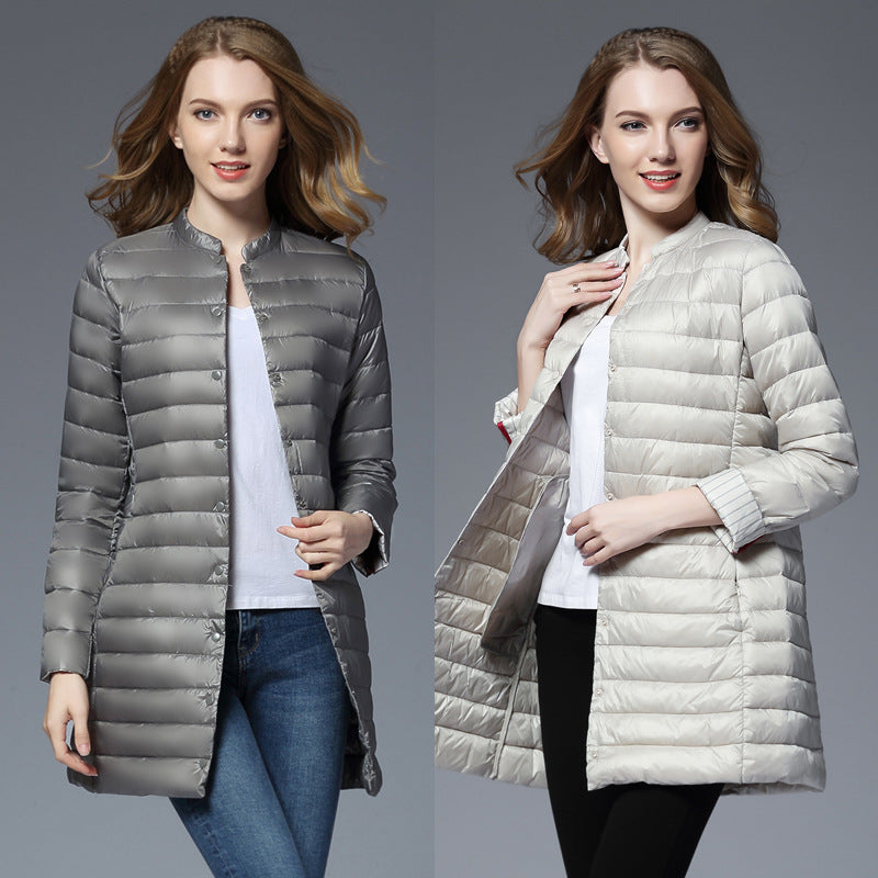 Women's Down Jacket New Light And Thin Mid-length Stand-up Collar White Duck Down Color Matching Jacket