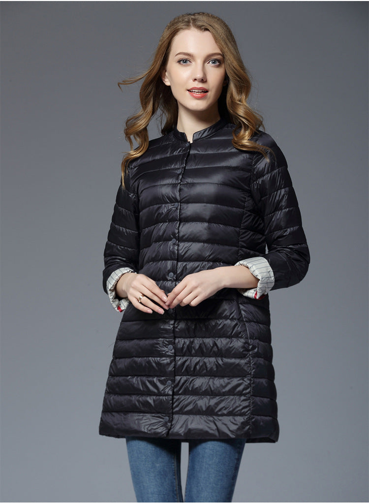 Women's Down Jacket New Light And Thin Mid-length Stand-up Collar White Duck Down Color Matching Jacket