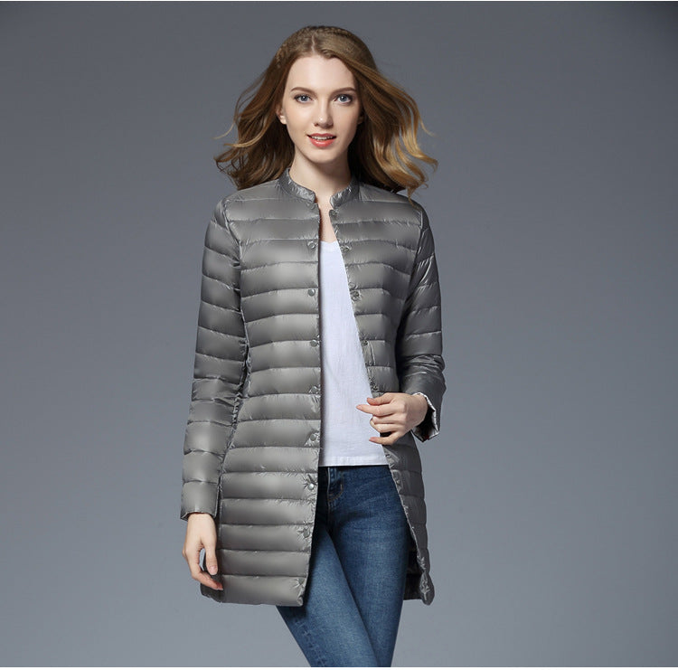 Women's Down Jacket New Light And Thin Mid-length Stand-up Collar White Duck Down Color Matching Jacket