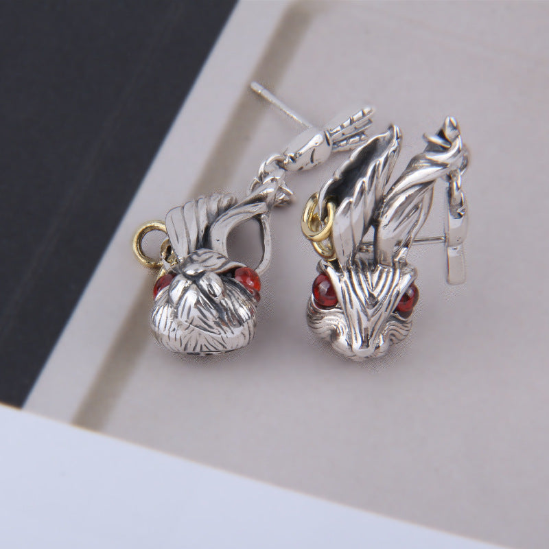 Cute Big Ears Red Eyes Bunny Head Earrings In Sterling Silver