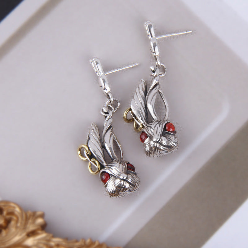 Cute Big Ears Red Eyes Bunny Head Earrings In Sterling Silver