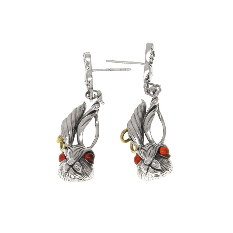 Cute Big Ears Red Eyes Bunny Head Earrings In Sterling Silver