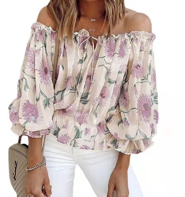 Casual Temperament Chiffon Women's One Word Collar Loose Chiffon Shirt Lace Shirt