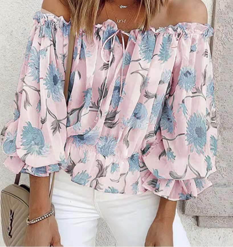 Casual Temperament Chiffon Women's One Word Collar Loose Chiffon Shirt Lace Shirt